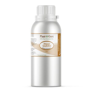 May include: A silver metal bottle with a white cap, labeled "PALO SANTO" and "8 oz." The label also includes the text "Plant Guru 100% Pure Essential Oils" and "Therapeutic Grade."