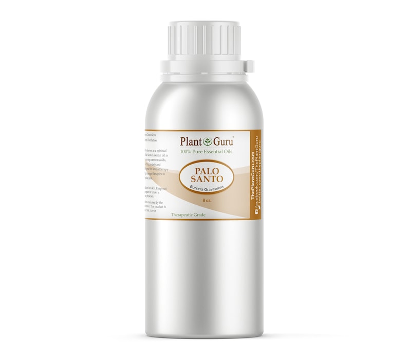 May include: A silver metal bottle with a white cap, labeled "PALO SANTO" and "8 oz." The label also includes the text "Plant Guru 100% Pure Essential Oils" and "Therapeutic Grade."