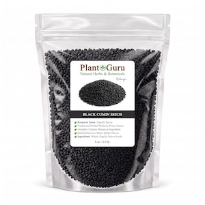 May include: A clear, resealable plastic pouch filled with small, black Nigella Sativa seeds. The white label features the text Plant Guru, Natural Herbs & Botanicals, Kalonji, and Black Cumin Seeds, listing a net weight of 8 oz. / 0.5 lb.