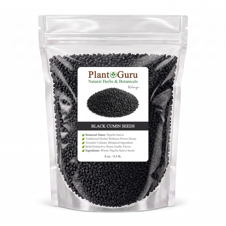 May include: A clear, resealable plastic pouch filled with small, black Nigella Sativa seeds. The white label features the text Plant Guru, Natural Herbs & Botanicals, Kalonji, and Black Cumin Seeds, listing a net weight of 8 oz. / 0.5 lb.