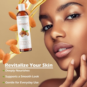 May include: A bottle of Plant Guru Sweet Almond Oil with a white cap and brown liquid. The label features almond illustrations and text. The image also includes almonds and the text "Revitalize Your Skin".