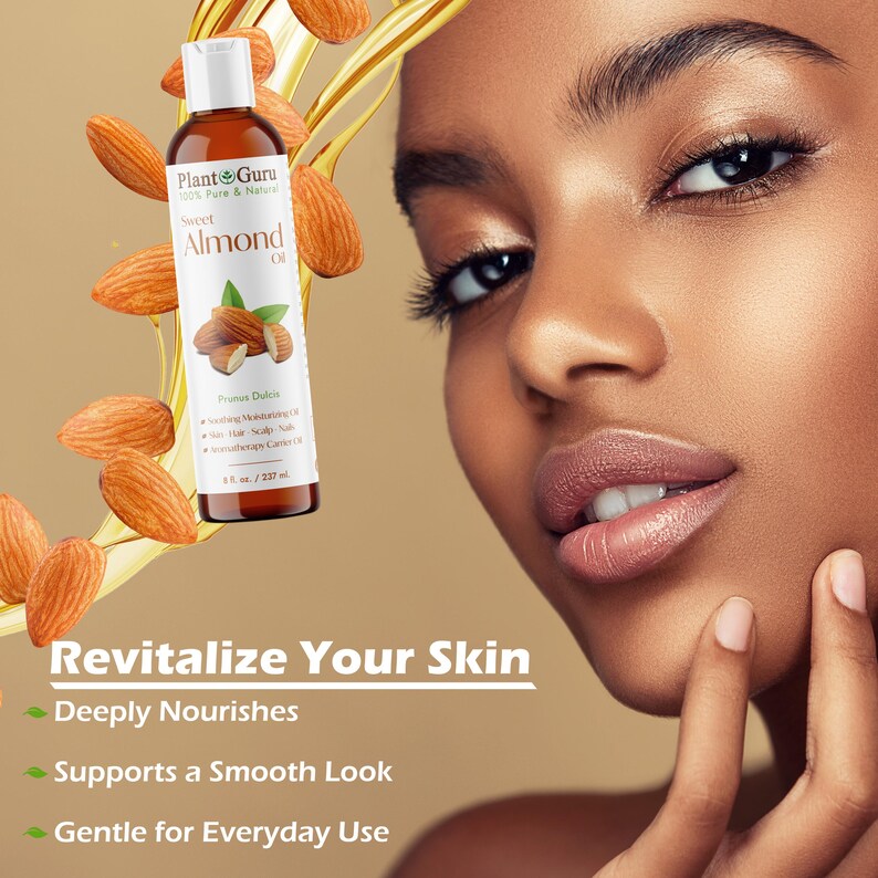 May include: A bottle of Plant Guru Sweet Almond Oil with a white cap and brown liquid. The label features almond illustrations and text. The image also includes almonds and the text "Revitalize Your Skin".