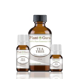 May include: Three amber glass bottles of Plant Guru Tea Tree essential oil. The largest bottle is 2 fl oz, with a black cap. Two smaller bottles are 1/3 fl oz each. All bottles have white labels with black text.