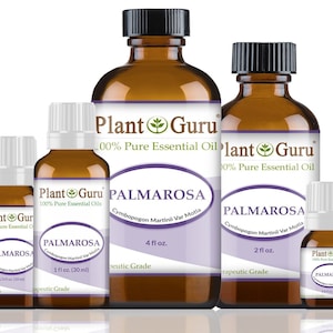 May include: Four amber glass bottles of essential oil labeled "Plant Guru" with the name "Palmarosa" and the botanical name "Cymbopogon Martinii Var Motia". The bottles are labeled with different sizes: 1/3 fl oz, 1 fl oz, 2 fl oz, and 4 fl oz.