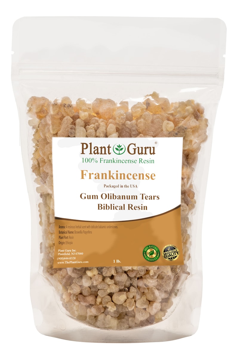 May include: A clear plastic bag filled with Frankincense Gum Olibanum Tears, a natural resin. The bag is labeled "Plant Guru 100% Frankincense Resin" and "Frankincense Gum Olibanum Tears Biblical Resin". The bag also includes the text "Packaged in the USA" and "1 lb.".