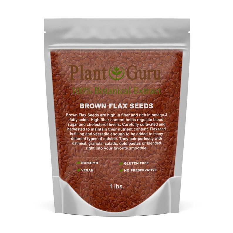 May include: A resealable bag of brown flax seeds, labeled "Plant Guru Brown Flax Seeds". The bag is 1 lb and features a list of benefits, including being non-GMO, vegan, gluten-free, and preservative-free.
