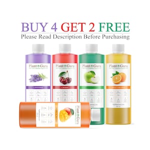 May include: Five plastic bottles of Plant Guru fragrance oil with white caps. Scents include lavender, cherry, apple fantasy, sweet orange, and tropical mango. The text reads BUY 4 GET 2 FREE and Please Read Description Before Purchasing.