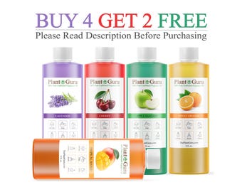 May include: Five plastic bottles of Plant Guru fragrance oil with white caps. Scents include lavender, cherry, apple fantasy, sweet orange, and tropical mango. The text reads BUY 4 GET 2 FREE and Please Read Description Before Purchasing.