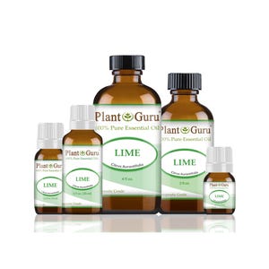 May include: A collection of amber glass bottles of lime essential oil. The bottles vary in size and have black caps and white labels with the text "LIME" and "Citrus Aurantifolia". The brand name "Plant Guru" is also visible.