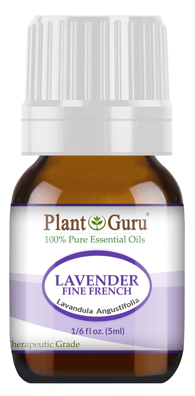 Puede incluir: Botella de vidrio marr&oacute;n de aceite esencial Plant Guru Lavender Fine French. La etiqueta incluye el texto "100% Pure Essential Oils" y "Lavandula Angustifolia". La botella contiene 5 ml de aceite.