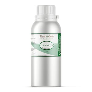 May include: A silver metal bottle of Eucalyptus essential oil from Plant Guru. The label includes the text "EUCALYPTUS" and "8 oz." The bottle has a white cap and a green and white label. The product is labeled as "Therapeutic Grade."