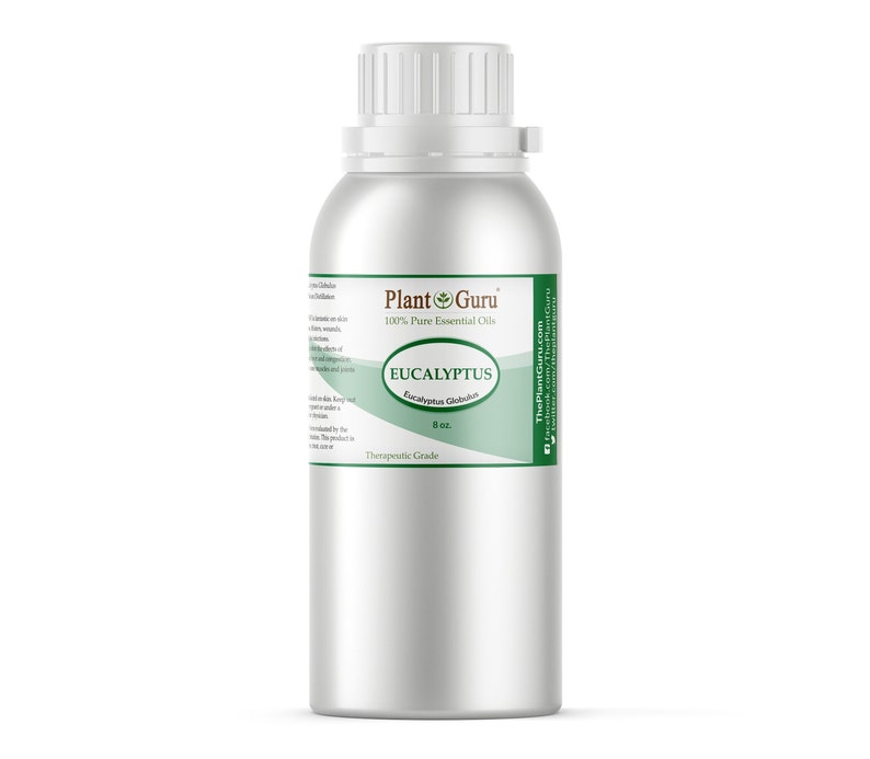May include: A silver metal bottle of Eucalyptus essential oil from Plant Guru. The label includes the text "EUCALYPTUS" and "8 oz." The bottle has a white cap and a green and white label. The product is labeled as "Therapeutic Grade."