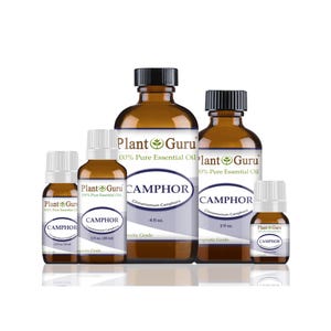 May include: A collection of amber glass bottles of varying sizes, labeled "Plant Guru" and "Camphor." The bottles have black or white caps and white labels with blue accents. The labels indicate the contents are 100% pure essential oil.