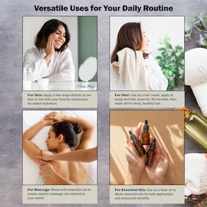 May include: Four images showing different uses for essential oils. The first image shows a woman applying oil to her face. The second image shows a woman applying oil to her hair. The third image shows a woman receiving a massage. The fourth image shows a hand holding three bottles of essential oil.