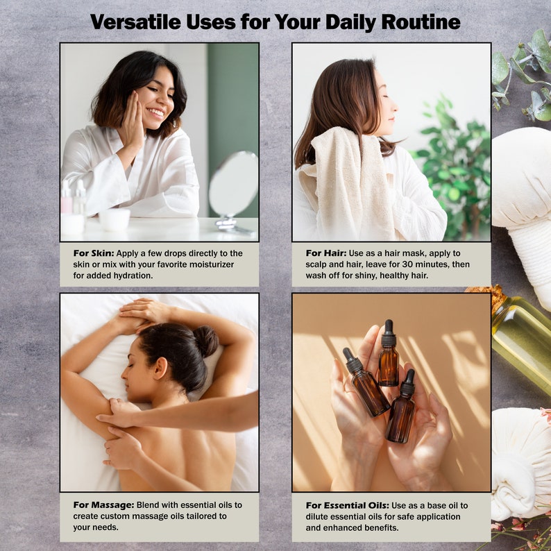 May include: Four images showing different uses for essential oils. The first image shows a woman applying oil to her face. The second image shows a woman applying oil to her hair. The third image shows a woman receiving a massage. The fourth image shows a hand holding three bottles of essential oil.