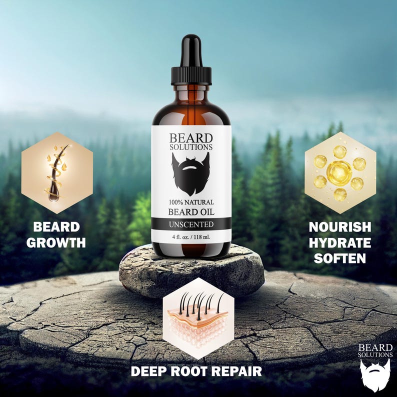 K&ouml;nnte beinhalten: Eine braune Glasflasche mit unparf&uuml;miertem Bart&ouml;l und einer schwarzen Pipette, beschriftet mit "BEARD SOLUTIONS" und "100% NATURAL BEARD OIL". Das Etikett enth&auml;lt auch "4 fl. oz. / 118 ml." und eine Bartgrafik. Das Bild enth&auml;lt Grafiken f&uuml;r Bartwachstum, Tiefenreparatur und Ern&auml;hrung.