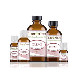 May include: A collection of amber glass bottles of varying sizes, each labeled with "ELEMI" and "Plant Guru 100% Pure Essential Oil." The bottles have black or white caps and are arranged against a white background. The largest bottle is labeled 4 fl oz.
