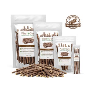 May include: Several bags of natural licorice root sticks are displayed, with the "Plant Guru" logo and text. The bags vary in size, with labels indicating weights of 2 oz, 8 oz, and 16 oz. A pile of licorice sticks is in the foreground.