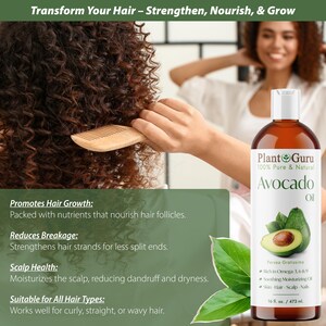 May include: A bottle of Plant Guru Avocado Oil, 16 fl oz / 473 ml, with a label featuring an avocado illustration. The image also shows a person combing curly hair, with text promoting hair growth, breakage reduction, and scalp health.