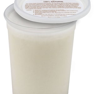 May include: A white plastic container of extra virgin coconut oil with a white lid. The lid has a label that reads "Coconut Oil Extra Virgin Plant Guru 100% Natural". The label also includes a list of uses for the oil, such as cooking, baking, and moisturizing.