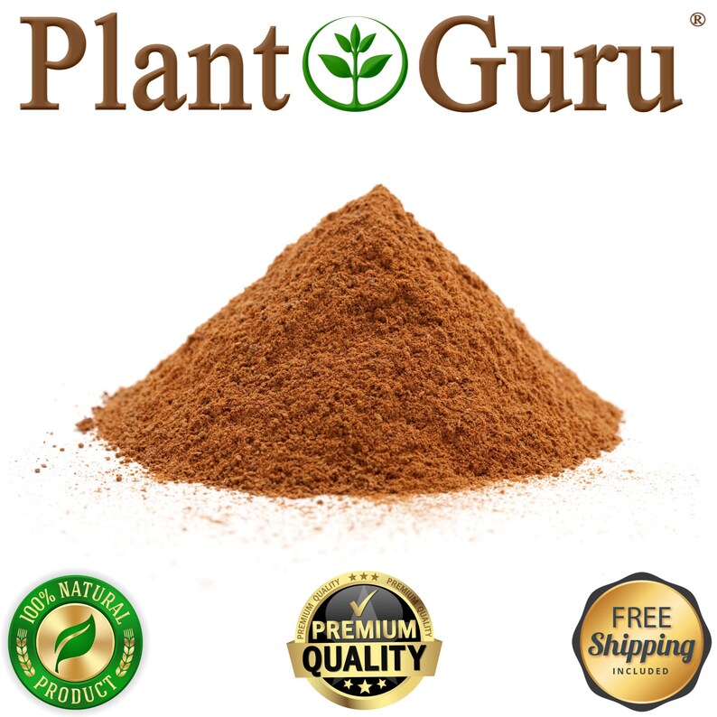 May include: A pile of brown powder, possibly a spice or herb, against a white background. The text "Plant Guru" is at the top. The image also includes seals that say "100% Natural Product", "Premium Quality", and "Free Shipping Included".