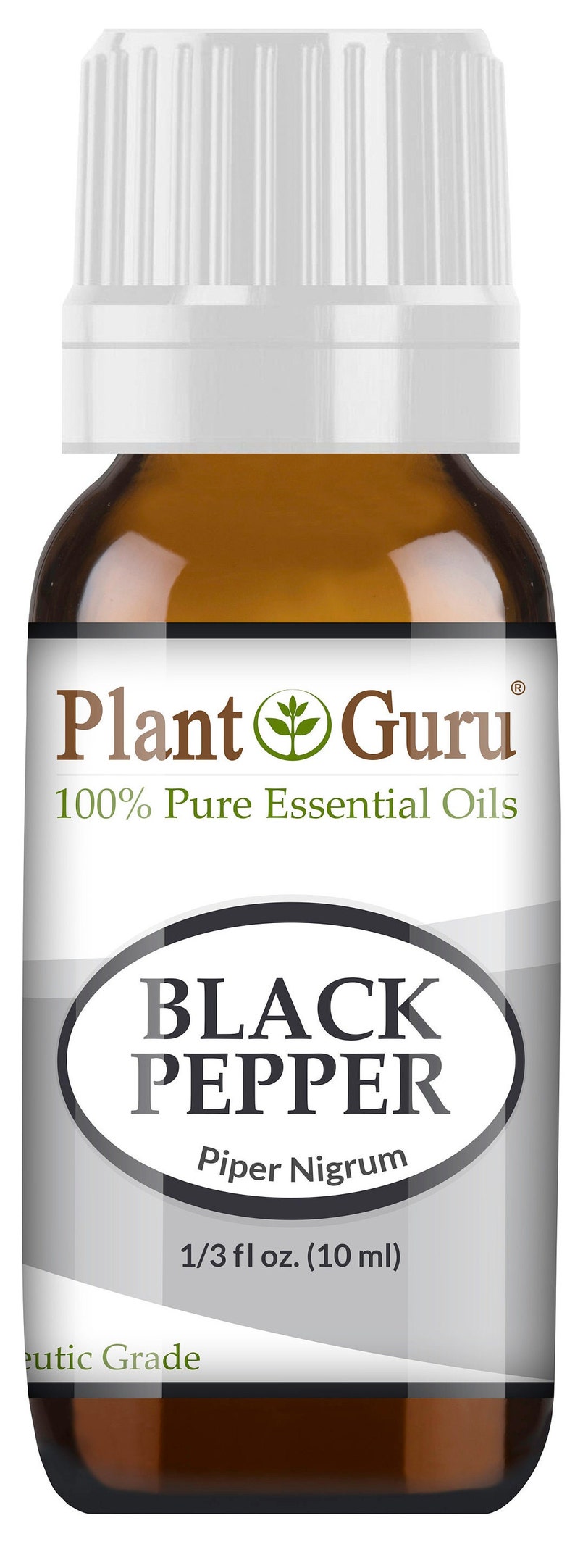 May include: A brown glass bottle of Plant Guru Black Pepper essential oil. The label reads "BLACK PEPPER Piper Nigrum" and "1/3 fl oz. (10 ml)". The bottle has a white cap.