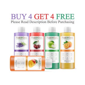 May include: Five plastic bottles of Plant Guru fragrance oil in purple, red, green, yellow, and orange. Labels feature fruit or flower illustrations and text including Lavender, Cherry, Apple Fantasy, Sweet Orange, and Tropical Mango. Text reads BUY 4 GET 4 FREE.