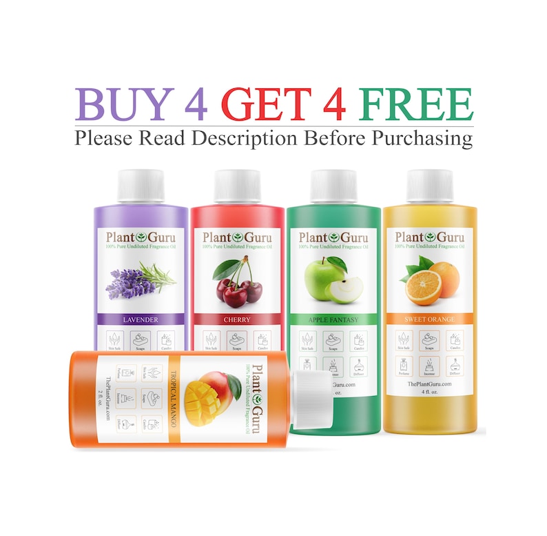 K&ouml;nnte beinhalten: F&uuml;nf Kunststoffflaschen mit Plant Guru Duft&ouml;l in Lila, Rot, Gr&uuml;n, Gelb und Orange. Die Etiketten zeigen Obst- oder Blumenillustrationen und Text, darunter Lavender, Cherry, Apple Fantasy, Sweet Orange und Tropical Mango. Der Text lautet BUY 4 GET 4 FREE.