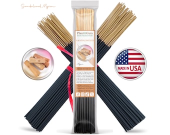 May include: A bundle of black incense sticks with light brown tips, packaged in a clear plastic sleeve labeled Plant Guru Sandalwood Mysore. The packaging includes text, a small circular image of wood pieces, and a Made in the USA circular emblem.