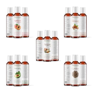May include: Set of six 100% pure and natural carrier oils in amber glass bottles with labels. The oils are apricot kernel, almond, argan, avocado, and castor. Each bottle has a dropper.