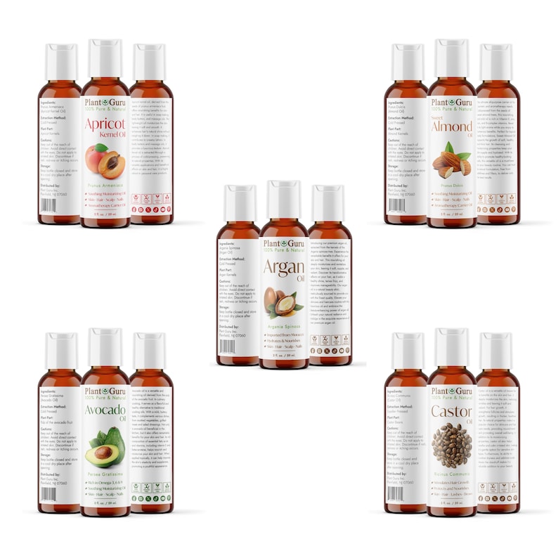 May include: Set of six 100% pure and natural carrier oils in amber glass bottles with labels. The oils are apricot kernel, almond, argan, avocado, and castor. Each bottle has a dropper.