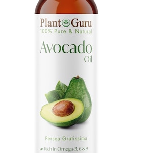 May include: A brown bottle of Plant Guru Avocado Oil with a white cap. The label features an avocado and a cut avocado, with text indicating it's rich in Omega-3, 6 & 9. The bottle contains 8 fl. oz. / 237 ml.