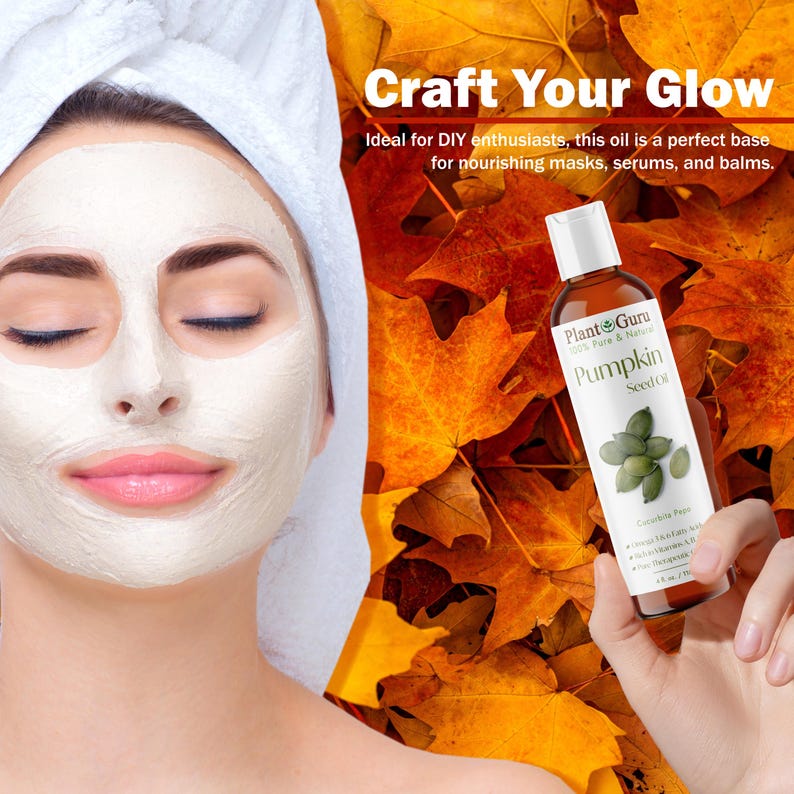 May include: A woman with a facial mask and a white towel on her head. A bottle of Plant Guru Pumpkin Seed Oil is held in the hand. The background features autumn leaves. Text reads "Craft Your Glow".