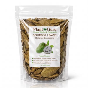 May include: A clear plastic resealable pouch filled with dried brown soursop leaves. The white label features the text Plant Guru, Soursop Leaves, Hojas de Guanabana, Annona Muricata, and 1 oz. / 28.3 Grams, along with an illustration of a soursop fruit.