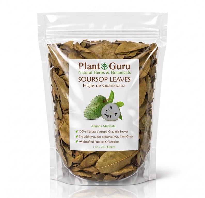 May include: A clear plastic resealable pouch filled with dried brown soursop leaves. The white label features the text Plant Guru, Soursop Leaves, Hojas de Guanabana, Annona Muricata, and 1 oz. / 28.3 Grams, along with an illustration of a soursop fruit.