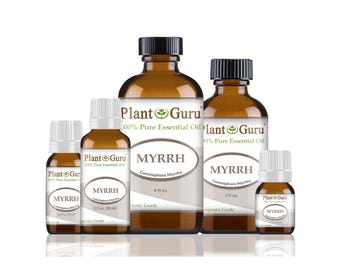 May include: Several amber glass bottles of essential oil, labelled "MYRRH" and "Plant Guru 100% Pure Essential Oil." The bottles have black caps and white labels. Sizes vary from small dropper bottles to larger bottles, with measurements in fluid ounces.