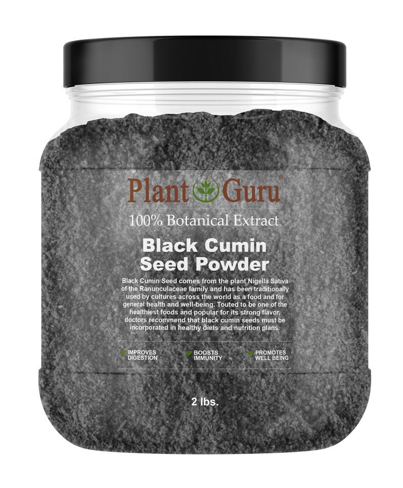 May include: A clear jar with a black lid filled with black cumin seed powder. The label reads "Plant Guru Black Cumin Seed Powder" and lists benefits like improving digestion and boosting immunity. The jar contains 2 lbs of product.