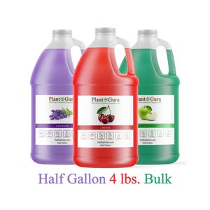 May include: Three half-gallon jugs of fragrance oil in lavender, cherry, and apple fantasy scents. Each jug has a white handle and label with the Plant Guru logo and scent name. The text "Half Gallon 4 lbs. Bulk" is at the bottom.