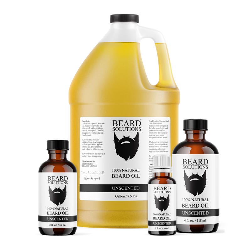 K&ouml;nnte beinhalten: Eine Sammlung von Bart&ouml;lflaschen und ein gro&szlig;er Kanister. Die Flaschen sind braun mit schwarzen Deckeln und wei&szlig;en Etiketten mit der Aufschrift "BEARD SOLUTIONS" und "100% NATURAL BEARD OIL UNSCENTED". Der gro&szlig;e Kanister ist gelb und hat einen schwarzen Deckel und ein wei&szlig;es Etikett.