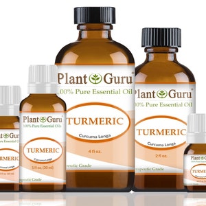 May include: Four amber glass bottles of turmeric essential oil with white labels and black caps. The bottles are labeled "Plant Guru 100% Pure Essential Oils" and "Turmeric Curcuma Longa". The bottles are in different sizes: 1/3 fl oz, 1 fl oz, 2 fl oz, and 4 fl oz.