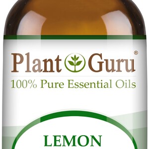 Op de afbeelding: Een bruine glazen fles Plant Guru Lemon Eucalyptus essenti&euml;le olie. Het etiket bevat de tekst "100% Pure Essential Oils" en "Lemon Eucalyptus Eucalyptus Citriadora". De fles bevat 10 ml.