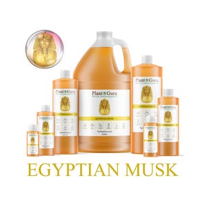 May include: Various sizes of amber-colored liquid bottles labeled "Egyptian Musk" by Plant Guru. The bottles feature a gold image of a pharaoh and are arranged on a white background. The text "Egyptian Musk" is displayed in gold at the bottom.