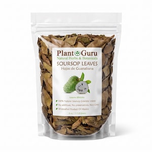 May include: A clear, resealable plastic pouch filled with dried brown soursop leaves. The label reads Plant Guru Natural Herbs & Botanicals Soursop Leaves, Hojas de Guanabana, Annona Muricata, 100% Natural Soursop Graviola Leaves, 4 oz. / 113.4 Grams.