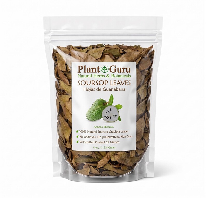 May include: A clear, resealable plastic pouch filled with dried brown soursop leaves. The label reads Plant Guru Natural Herbs & Botanicals Soursop Leaves, Hojas de Guanabana, Annona Muricata, 100% Natural Soursop Graviola Leaves, 4 oz. / 113.4 Grams.