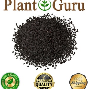 May include: A pile of black seeds, possibly Nigella sativa, against a white background. The Plant Guru logo is at the top. The image also includes seals indicating "100% Natural Product", "Premium Quality", and "Free Shipping Included".