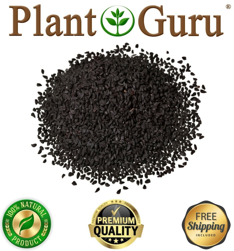 May include: A pile of black seeds, possibly Nigella sativa, against a white background. The Plant Guru logo is at the top. The image also includes seals indicating "100% Natural Product", "Premium Quality", and "Free Shipping Included".