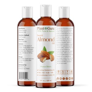 May include: Three brown bottles of Plant Guru Sweet Almond Oil. The labels include the text "100% Pure & Natural" and "Prunus Dulcis". Each bottle contains 8 fl. oz. / 237 ml. The labels also list ingredients and uses.