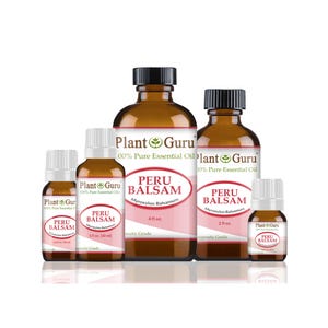 May include: A collection of amber glass bottles of Peru Balsam essential oil, labeled "Plant Guru." The bottles vary in size, with black caps and white labels featuring the product name and botanical information. The largest bottle is 4 fl oz.