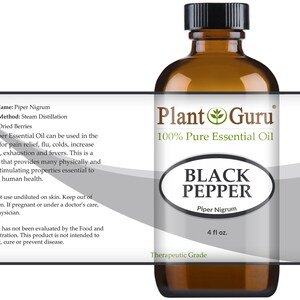 May include: A brown glass bottle of Plant Guru Black Pepper 100% Pure Essential Oil. The label includes the text "Black Pepper" and "4 fl oz." The bottle has a black cap and a white label with text about the oil's uses.