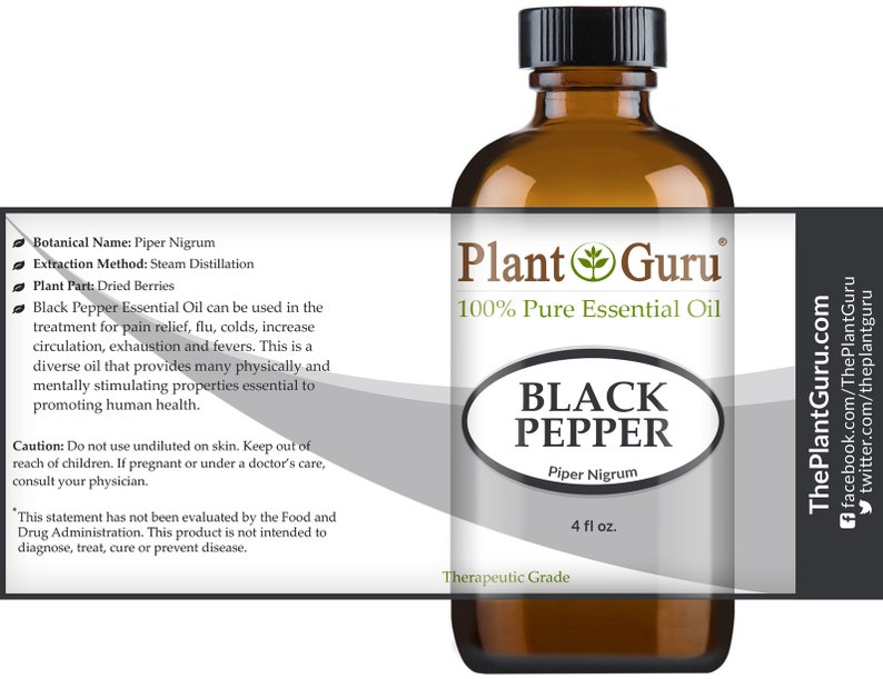 May include: A brown glass bottle of Plant Guru Black Pepper 100% Pure Essential Oil. The label includes the text "Black Pepper" and "4 fl oz." The bottle has a black cap and a white label with text about the oil's uses.